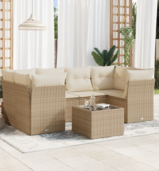 7-tlg. Garten-Sofagarnitur mit Kissen Beige Poly Rattan
