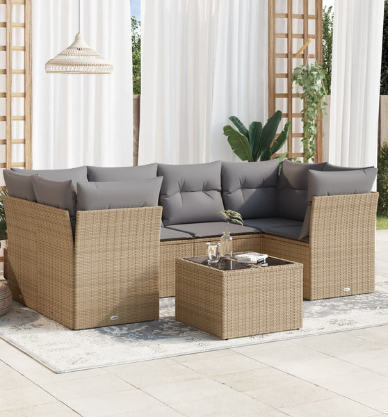 7-tlg. Garten-Sofagarnitur mit Kissen Beige Poly Rattan