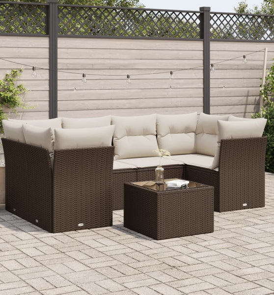 7-tlg. Garten-Sofagarnitur mit Kissen Braun Poly Rattan