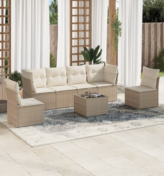7-tlg. Garten-Sofagarnitur mit Kissen Beige Poly Rattan