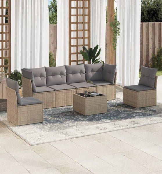 7-tlg. Garten-Sofagarnitur mit Kissen Beige Poly Rattan