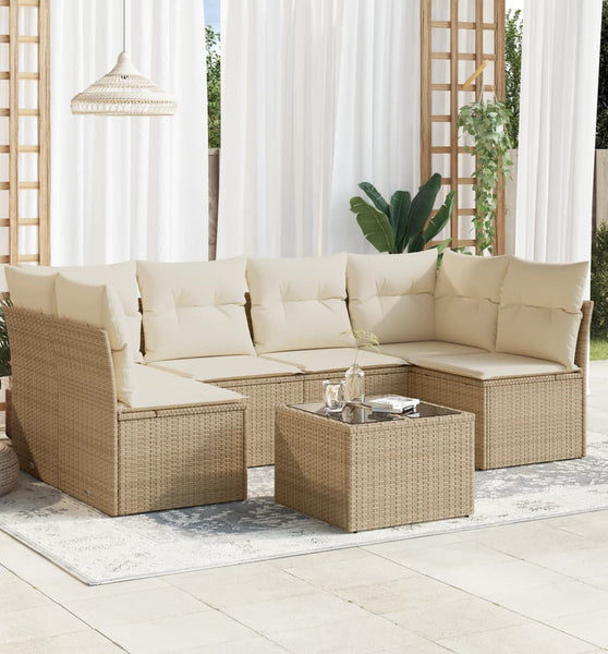 7-tlg. Garten-Sofagarnitur mit Kissen Beige Poly Rattan