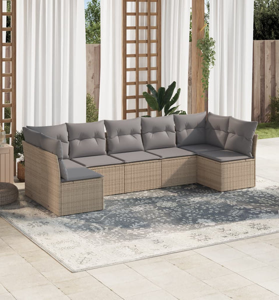 7-tlg. Garten-Sofagarnitur mit Kissen Beige Poly Rattan