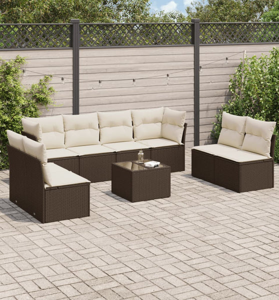 9-tlg. Garten-Sofagarnitur mit Kissen Braun Poly Rattan