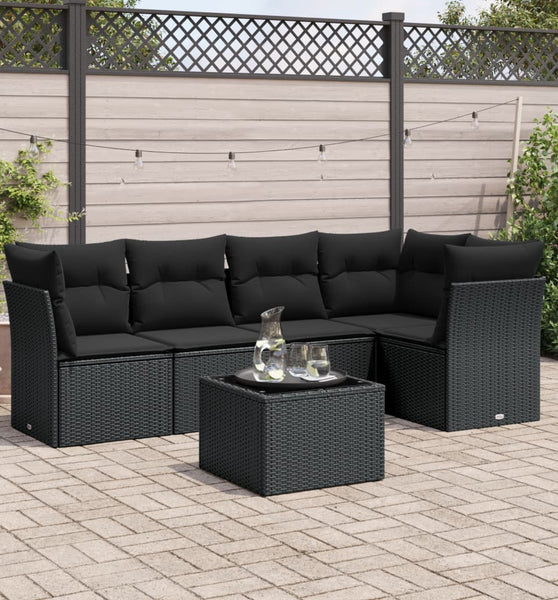 6-tlg. Garten-Sofagarnitur mit Kissen Schwarz Poly Rattan