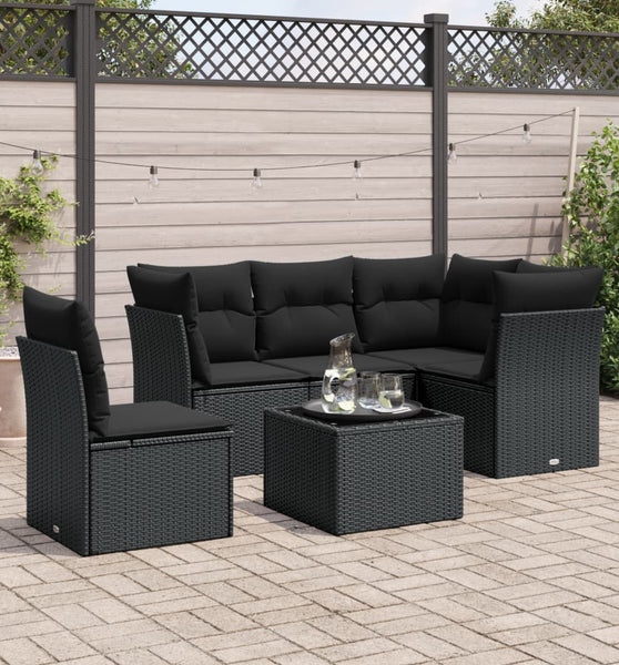 6-tlg. Garten-Sofagarnitur mit Kissen Schwarz Poly Rattan