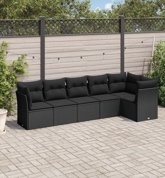 6-tlg. Garten-Sofagarnitur mit Kissen Schwarz Poly Rattan