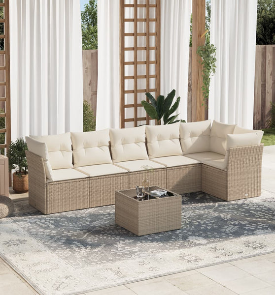 7-tlg. Garten-Sofagarnitur mit Kissen Beige Poly Rattan