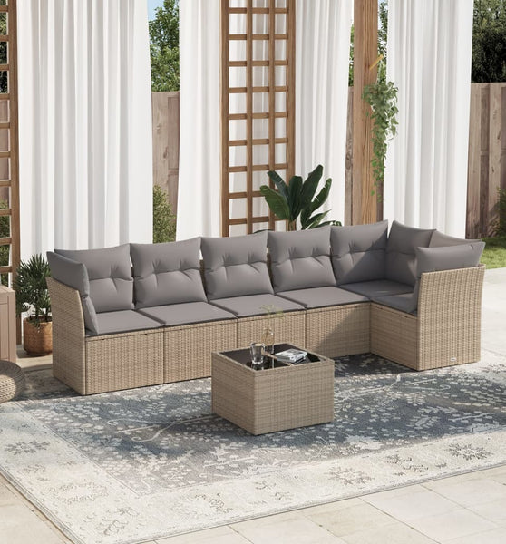7-tlg. Garten-Sofagarnitur mit Kissen Beige Poly Rattan