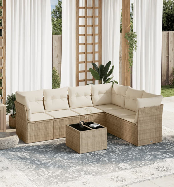 7-tlg. Garten-Sofagarnitur mit Kissen Beige Poly Rattan