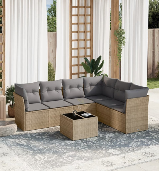 7-tlg. Garten-Sofagarnitur mit Kissen Beige Poly Rattan