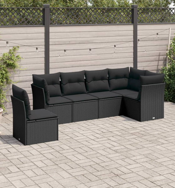 6-tlg. Garten-Sofagarnitur mit Kissen Schwarz Poly Rattan