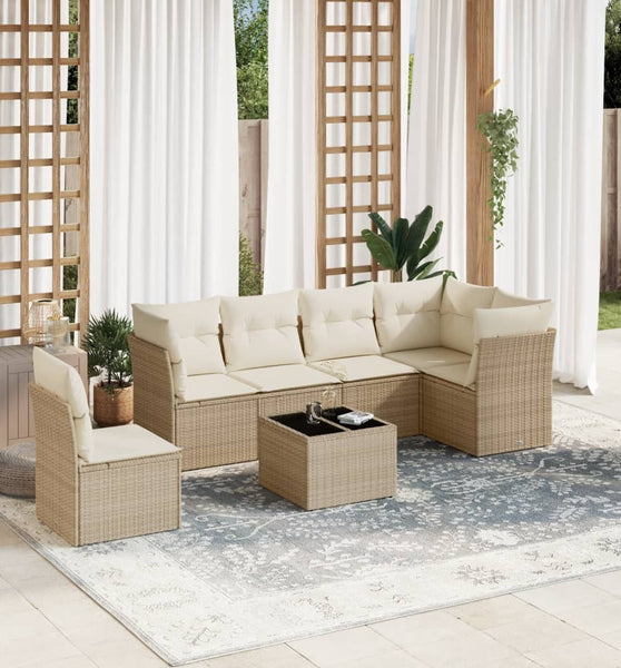 7-tlg. Garten-Sofagarnitur mit Kissen Beige Poly Rattan