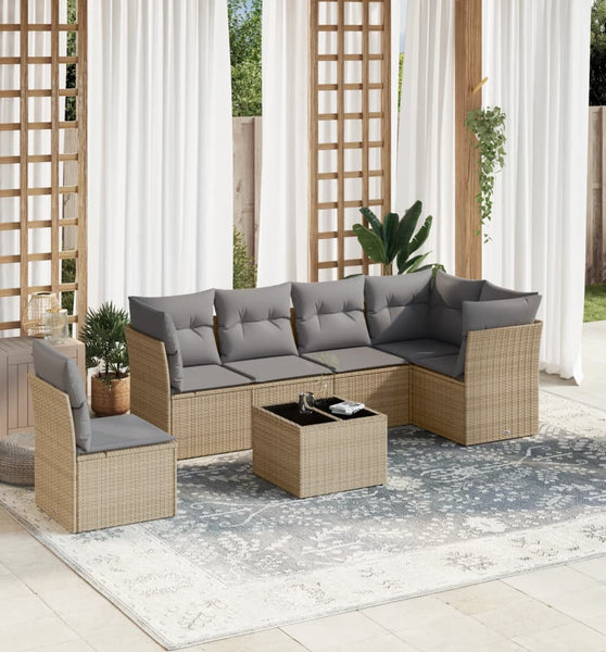 7-tlg. Garten-Sofagarnitur mit Kissen Beige Poly Rattan