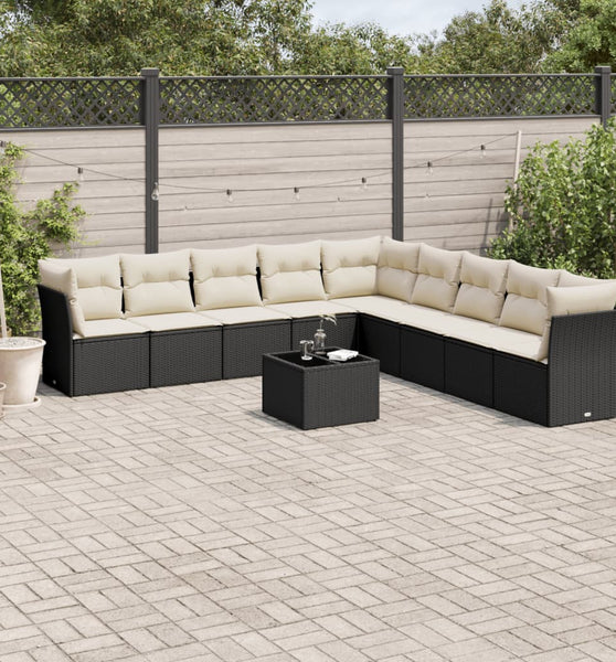 10-tlg. Garten-Sofagarnitur mit Kissen Schwarz Poly Rattan
