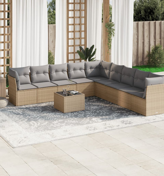 10-tlg. Garten-Sofagarnitur mit Kissen Beige Poly Rattan