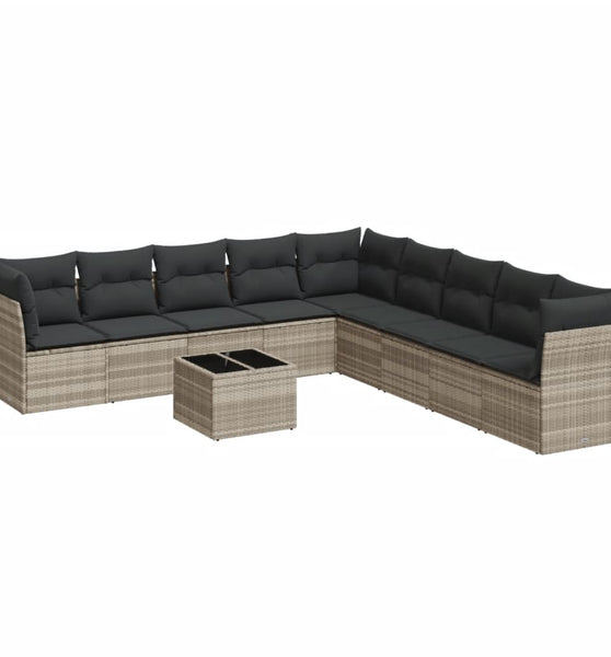 10-tlg. Garten-Sofagarnitur mit Kissen Hellgrau Poly Rattan