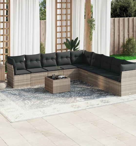 10-tlg. Garten-Sofagarnitur mit Kissen Hellgrau Poly Rattan