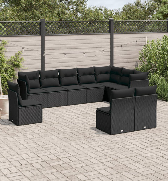 10-tlg. Garten-Sofagarnitur mit Kissen Schwarz Poly Rattan