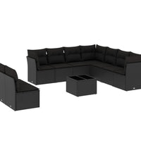 10-tlg. Garten-Sofagarnitur mit Kissen Schwarz Poly Rattan