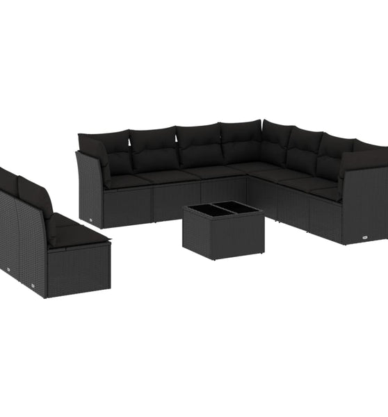 10-tlg. Garten-Sofagarnitur mit Kissen Schwarz Poly Rattan