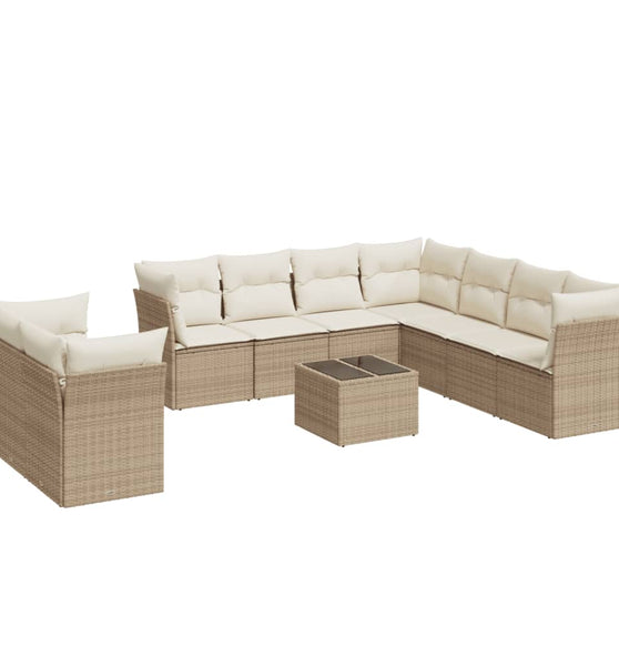 10-tlg. Garten-Sofagarnitur mit Kissen Beige Poly Rattan