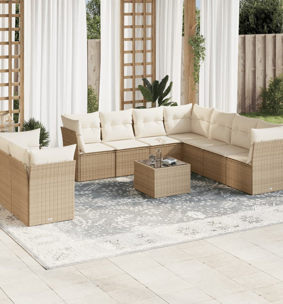 10-tlg. Garten-Sofagarnitur mit Kissen Beige Poly Rattan