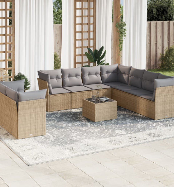 10-tlg. Garten-Sofagarnitur mit Kissen Beige Poly Rattan