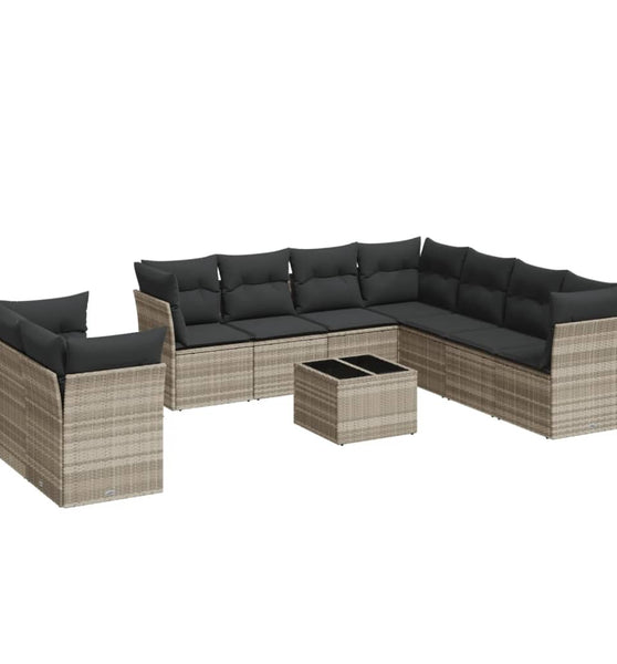 10-tlg. Garten-Sofagarnitur mit Kissen Hellgrau Poly Rattan