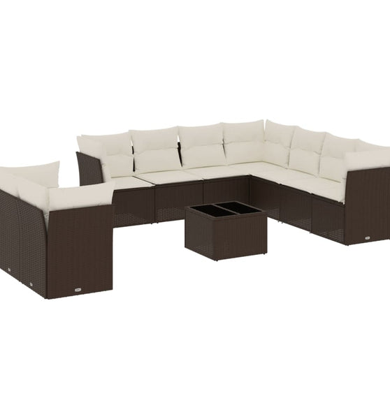 10-tlg. Garten-Sofagarnitur mit Kissen Braun Poly Rattan