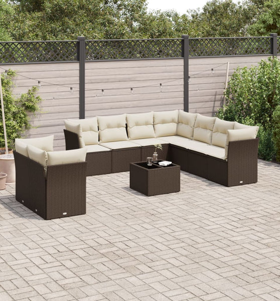 10-tlg. Garten-Sofagarnitur mit Kissen Braun Poly Rattan