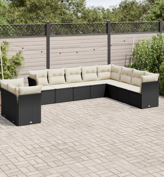 10-tlg. Garten-Sofagarnitur mit Kissen Schwarz Poly Rattan
