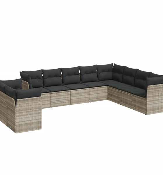 10-tlg. Garten-Sofagarnitur mit Kissen Hellgrau Poly Rattan