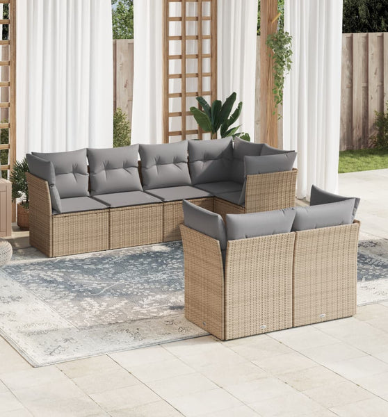 7-tlg. Garten-Sofagarnitur mit Kissen Beige Poly Rattan