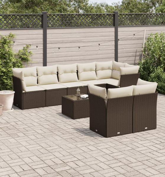 9-tlg. Garten-Sofagarnitur mit Kissen Braun Poly Rattan