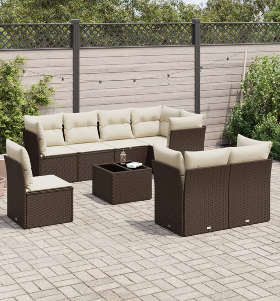 9-tlg. Garten-Sofagarnitur mit Kissen Braun Poly Rattan