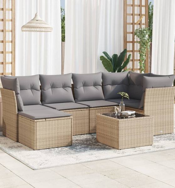 7-tlg. Garten-Sofagarnitur mit Kissen Beige Poly Rattan