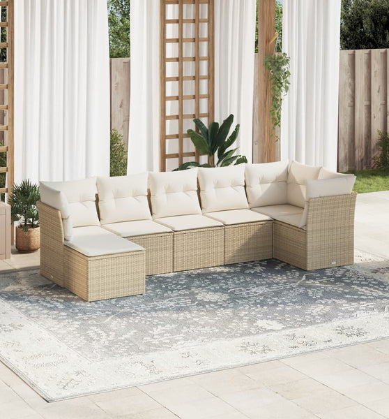7-tlg. Garten-Sofagarnitur mit Kissen Beige Poly Rattan