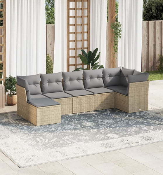 7-tlg. Garten-Sofagarnitur mit Kissen Beige Poly Rattan