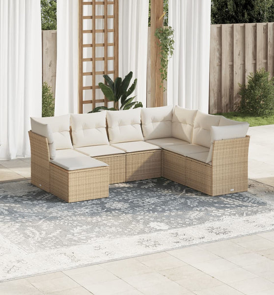 7-tlg. Garten-Sofagarnitur mit Kissen Beige Poly Rattan