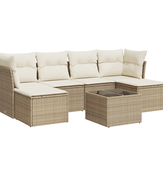 7-tlg. Garten-Sofagarnitur mit Kissen Beige Poly Rattan