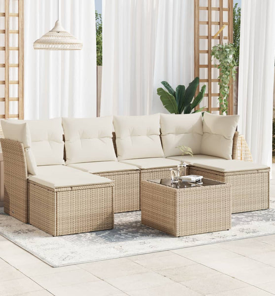 7-tlg. Garten-Sofagarnitur mit Kissen Beige Poly Rattan