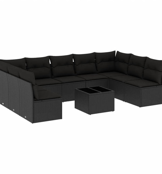 10-tlg. Garten-Sofagarnitur mit Kissen Schwarz Poly Rattan