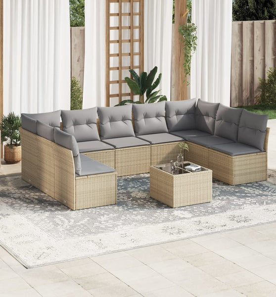 10-tlg. Garten-Sofagarnitur mit Kissen Beige Poly Rattan