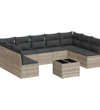 10-tlg. Garten-Sofagarnitur mit Kissen Hellgrau Poly Rattan