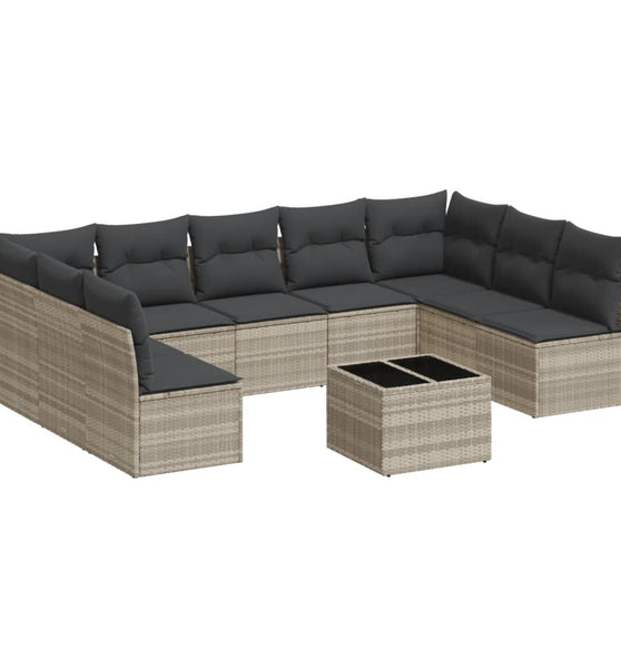 10-tlg. Garten-Sofagarnitur mit Kissen Hellgrau Poly Rattan