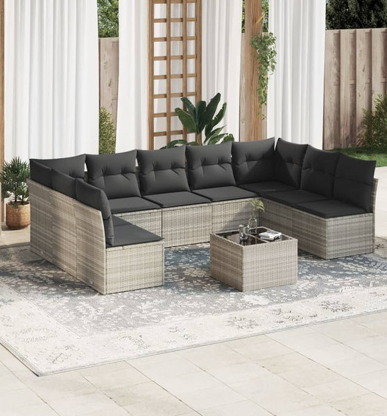 10-tlg. Garten-Sofagarnitur mit Kissen Hellgrau Poly Rattan
