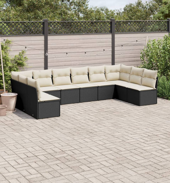 10-tlg. Garten-Sofagarnitur mit Kissen Schwarz Poly Rattan