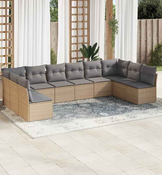 10-tlg. Garten-Sofagarnitur mit Kissen Beige Poly Rattan
