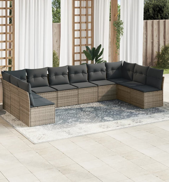 10-tlg. Garten-Sofagarnitur mit Kissen Grau Poly Rattan
